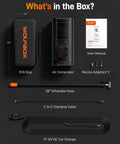 Beefy Heavy Duty Tire Inflator Portable Air Compressor with accessories including EVA bag, hose, and user manual.