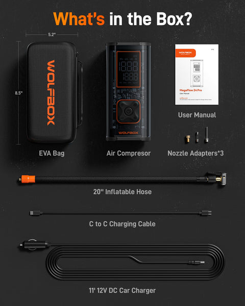 Beefy Heavy Duty Tire Inflator Portable Air Compressor with accessories including EVA bag, hose, and user manual.