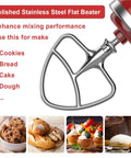 Polished stainless steel paddle beater attached to a red stand mixer with dough and pastries, labeled uses for cookies, bread, cake, dough.