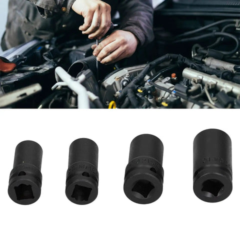 Heavy Duty Locking Wheel Nut Remover Sockets Kit With Thin Wall Design For Tight Spaces And Scratch Free Extraction Of 17mm 18.5mm 21mm And 26mm Lug Nuts On Any Ride Using Durable Aluminum Alloy Impact Tools, 4 sockets in black