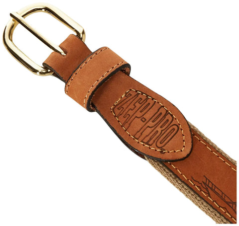Womens Embroidered Leather Belt With Dolphin Motif Nubuck Finish Brass Buckle Water Resistant One And A Quarter Inch Cotton Webbing Tan Buff Made In USA Durable Everyday Casual Accessory For Jeans Khakis And Shorts