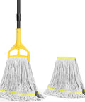 Heavy Duty Commercial Cotton String Mop With 59 Inch Handle And Replaceable Head featuring yellow handle and mop heads for easy cleanup.