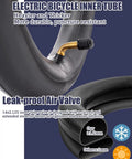 Close-up of electric bicycle inner tube showing leak-proof air valve, labeled as more durable and puncture resistant.