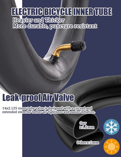 Close-up of electric bicycle inner tube showing leak-proof air valve, labeled as more durable and puncture resistant.