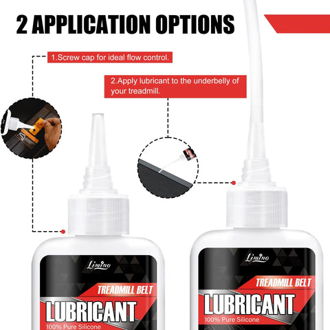 Silicone Treadmill Belt Lubricant 200ml application method showing nozzle and tube for easy use on treadmill underbelly