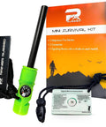 Rugged 5-In-1 Glow-In-The-Dark Fire Starter Kit with Compass, Signaling Mirrors and Whistle, shown with packaging.