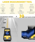3 In 1 Stud Finder With Laser Level And Laser Measurement Tool showing measurement modes and screen display of distances