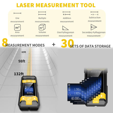 3 In 1 Stud Finder With Laser Level And Laser Measurement Tool showing measurement modes and screen display of distances
