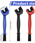 Three-piece Bike Chain Washer And Motorcycle Chain Brush Set with durable bristles in blue, black, and red with size details.