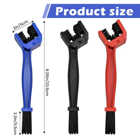 Three-piece Bike Chain Washer And Motorcycle Chain Brush Set with durable bristles in blue, black, and red with size details.