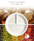 Top view of a ceramic portion control plate for weight loss with three compartments, shown with food suggestions for protein, carbs, and fruits.