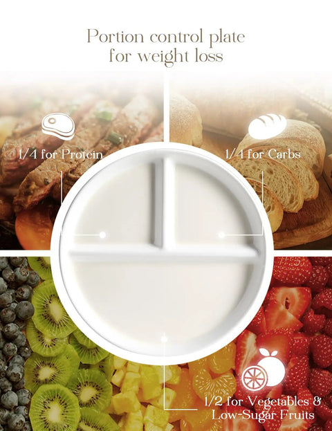 Top view of a ceramic portion control plate for weight loss with three compartments, shown with food suggestions for protein, carbs, and fruits.