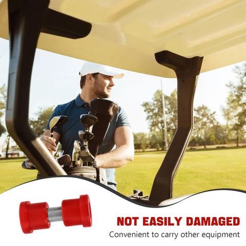 Golfer with clubs in cart featuring red bushing from 8 Pack Golf Cart Replacement Spring Bushings For Leaf Springs Made From Durable Rubber And Plastic Front And Rear Compatible Enhanced Look Easy Bolt On Accessory Mounting For Suspension Parts Upgrade.