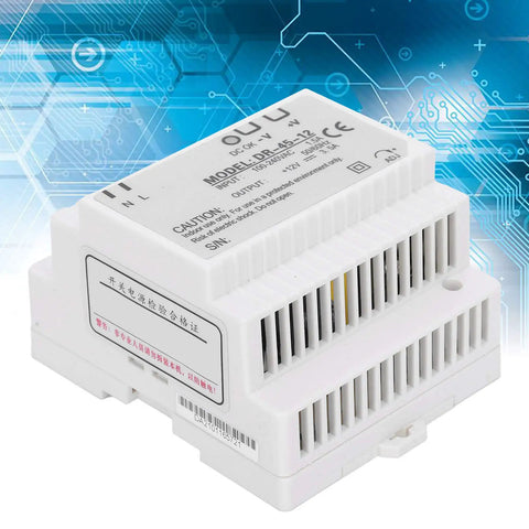 Beefy 45W 12V DIN Rail Switching Power Supply For Industrial Control, 100 240VAC Input, 12V Output, Single Output, Rugged ABS Housing, Plug And Play, Universal Electrical Conversion Component, white ABS case with DIN rail mount