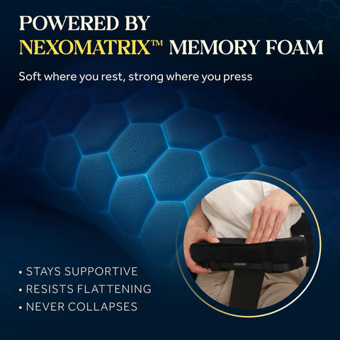 Thick Memory Foam Armrest Pads For Office And Gaming Chairs Cushy Elbow Support shown with hand pressing the pad