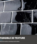 Peel And Stick Backsplash Tiles 12x12 Black Marble Design For Kitchen And Bath, close-up of 3D textured vinyl subway tile