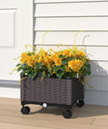 Front view of Two Piece Rolling Garden Bed Kit With Self Watering Design In Brown Plastic Outdoor Elevated Planter Box On Wheels For Easy Mobility.