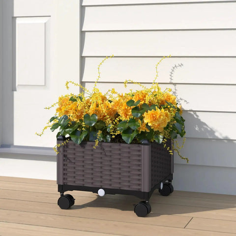 Front view of Two Piece Rolling Garden Bed Kit With Self Watering Design In Brown Plastic Outdoor Elevated Planter Box On Wheels For Easy Mobility.