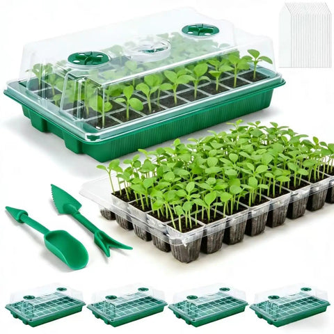 Five Pack Seed Starter Trays Kit With 200 Cells Total See Through Lids And Adjustable Humidity Dome For Quick Seed Germination
