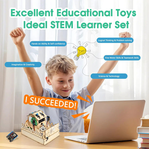 Child using IoT Smart Home Hands-On Coding Kit For Arduino Fans, Voice And App Control, 3D Wooden Puzzles, STEM Toy for learning coding.
