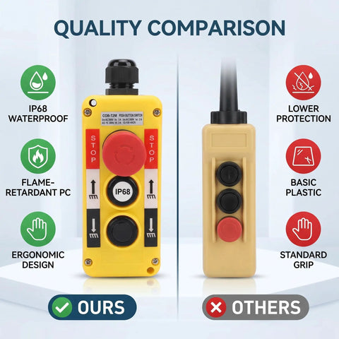 Built Like A Tank Three Button Electric Hoist Crane Push Button Switch featuring reliable e stop control and fully submersible IP68 waterproof design for daily grind workloads comparison with other switch.
