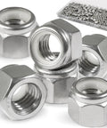 Close-up of One Quarter Inch 100 Pack Stainless Steel Threaded Inserts, 304 Stainless Alloy, in packaging and loose view.