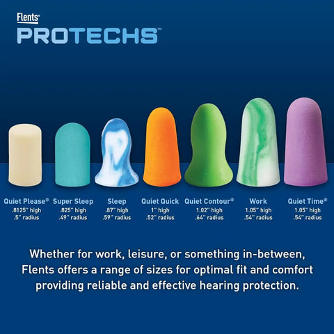 Various foam ear plugs in different shapes and colors, including Quiet Please Comfort Foam Ear Plugs for Sleep and Travel Ready 20 Pairs.