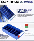 Close-up view of easy-to-use drawers with dividers and labels in a 75 Drawer Parts Cabinet for Garage and Workshop.