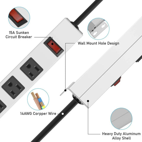 Beefy Metal 8 Outlet Power Strip Surge Protector With 6 Ft Cord Long Lasting White Metal Shell Anti Rust Durable Strip With Wide Spaced Sockets For Home Office Garage Overload Protection Fire Resistant Build, 15A breaker