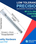 M7 x 50mm Confirmat Screw dimensions for flat pack furniture with 5mm pre-drilled holes, durable assembly fasteners