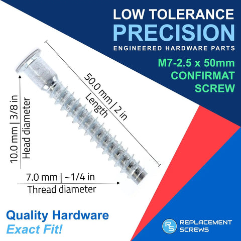 M7 x 50mm Confirmat Screw dimensions for flat pack furniture with 5mm pre-drilled holes, durable assembly fasteners