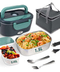 Electric Lunch Box Food Heater On The Go Car And Truck Warmer, 80W, 12V 24V 110V Power, 304 Stainless Steel Inner Container, green heated lunch box shown with food, utensils, and carrying case.