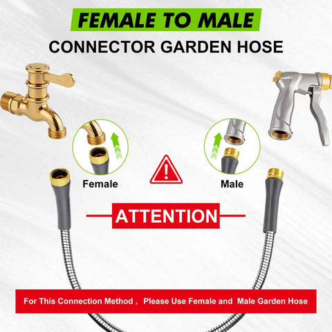 Heavy Duty Burst Resistant Metal Garden Hose With 304 Stainless Steel Outer Shell And Rugged PVC Liner image showing female to male connectors