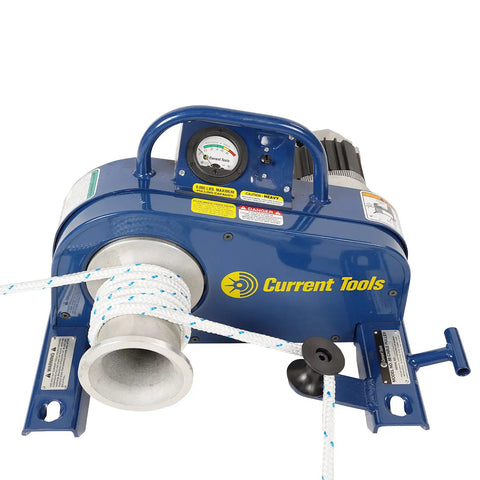 8000 Lb Cable Puller With Chain And Floor Mount blue body, force gauge, capstan with rope, heavy duty wire puller for industrial jobs