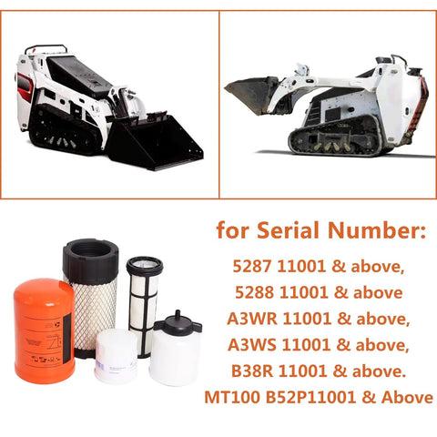 All In One Five-Piece Filter Service Kit For Mini Track Loaders MT52 MT55 MT85 MT100 with images of loaders and filters