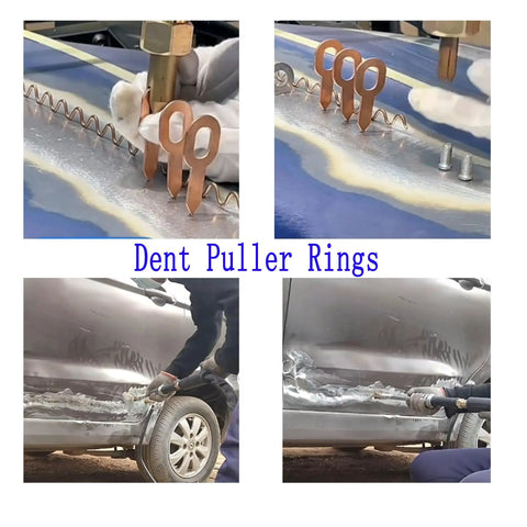 Dent Pulling Rings Set 60Pcs For Car Body Panel Repair And Spot Welding Machines shown in use on vehicle dent repair
