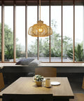 Interior with Rattan Hanging Light With Plug In Cord, Boho Wicker Basket Lamp Shade illuminating dining area