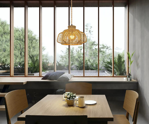Interior with Rattan Hanging Light With Plug In Cord, Boho Wicker Basket Lamp Shade illuminating dining area