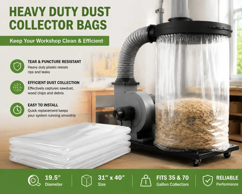 Beefy 11 Mil Dust Collector Replacement Bags 19.5 Inch Diameter Fits 35 And 70 Gallon Systems, clear bag attached to collector