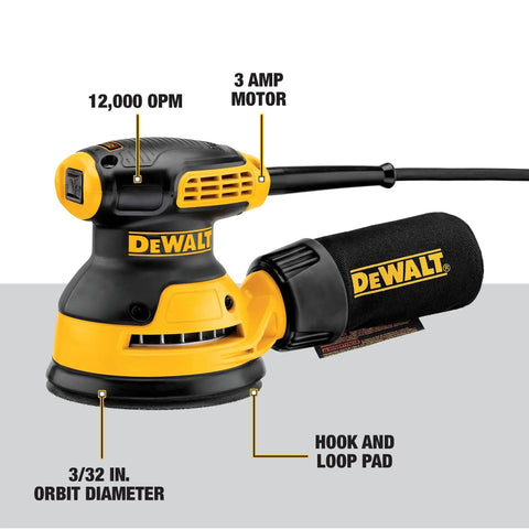5 Inch Orbital Sander With 3.0 Amp Motor Delivers 12,000 OPM, featuring hook and loop pad, visible in side view