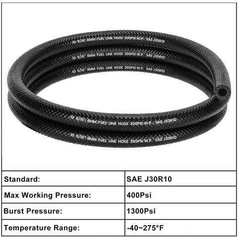 Five Sixteenth Inch Fuel Line Hose For Cars And Trucks, SAE 30R10, Five Feet Long, High Pressure NBR Rubber, 400 PSI Working