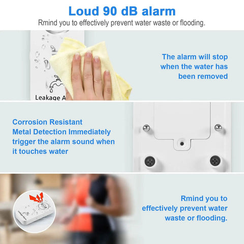 Wireless Water Leak Detectors with 90dB Adjustable Alarm showing probes and alarm system for kitchen bathroom basement use.