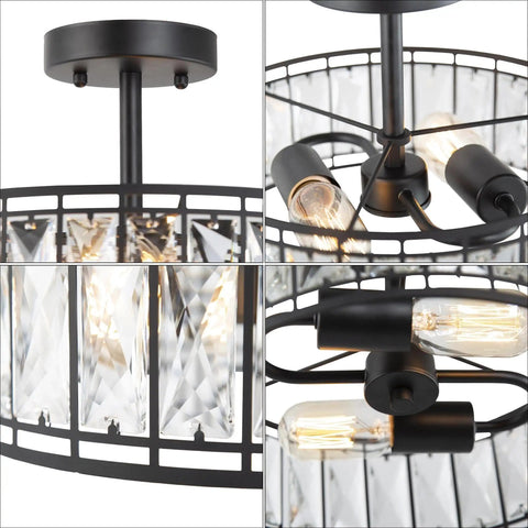 Semi Flush Mount Ceiling Light With Clear Glass Drum Shade, Rustic Farmhouse Fixture With Faux Wood Finish Ring close-up view