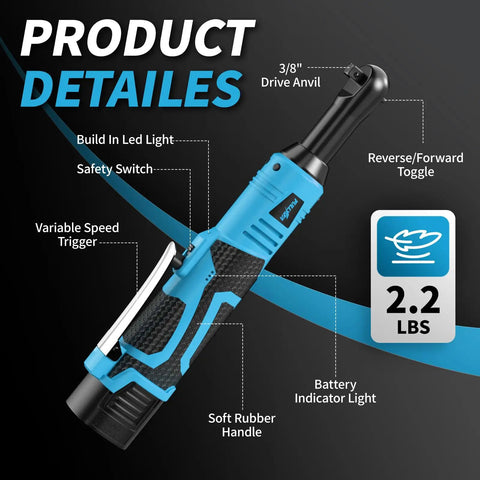 Cordless 16.8V 3/8 Inch Drive Ratchet Wrench Set with 550 RPM Variable Speed showing features on black background.