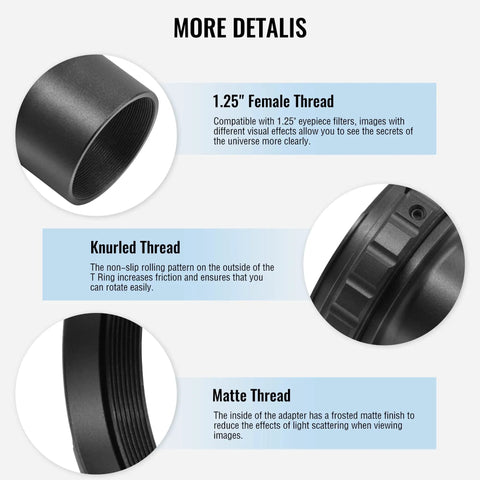 Close-up of T Mount Telescope Camera Adapter For Nikon SLR And DSLR Bodies 1 25 Inch Connection With T2 Ring showing threading details