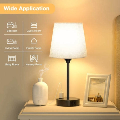 Set of Two Grey Bedside Lamps With USB C Port And AC Outlet 3 Way Dimmable Touch Control Nightstand Lamps on table