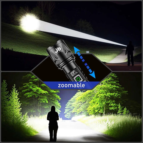 Beast Mode 100000 Lumen Flashlight With Zoom Beam illuminating a forest path at night, demonstrating its zoomable spotlight feature.