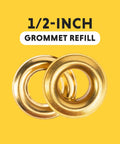 Half Inch Grommet Refill Pack Of 24 Grommets For DIY Crafts Upholstery And Fabric Projects Easy To Use Replacement For Grommet Tools Multi Color Great For Leatherwork And Sewing Projects gold grommets against yellow background