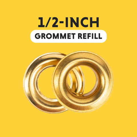 Half Inch Grommet Refill Pack Of 24 Grommets For DIY Crafts Upholstery And Fabric Projects Easy To Use Replacement For Grommet Tools Multi Color Great For Leatherwork And Sewing Projects gold grommets against yellow background