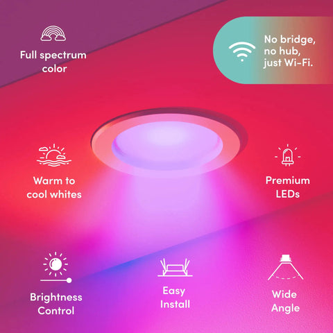 Smart Downlight Retrofit Kit With SuperColor Technology, 800 Lumen installed in ceiling showing color and brightness features.